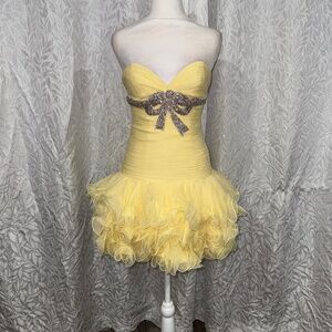 yellow strapless sherri hill size 2 short cocktail dress with bow and rhinestone